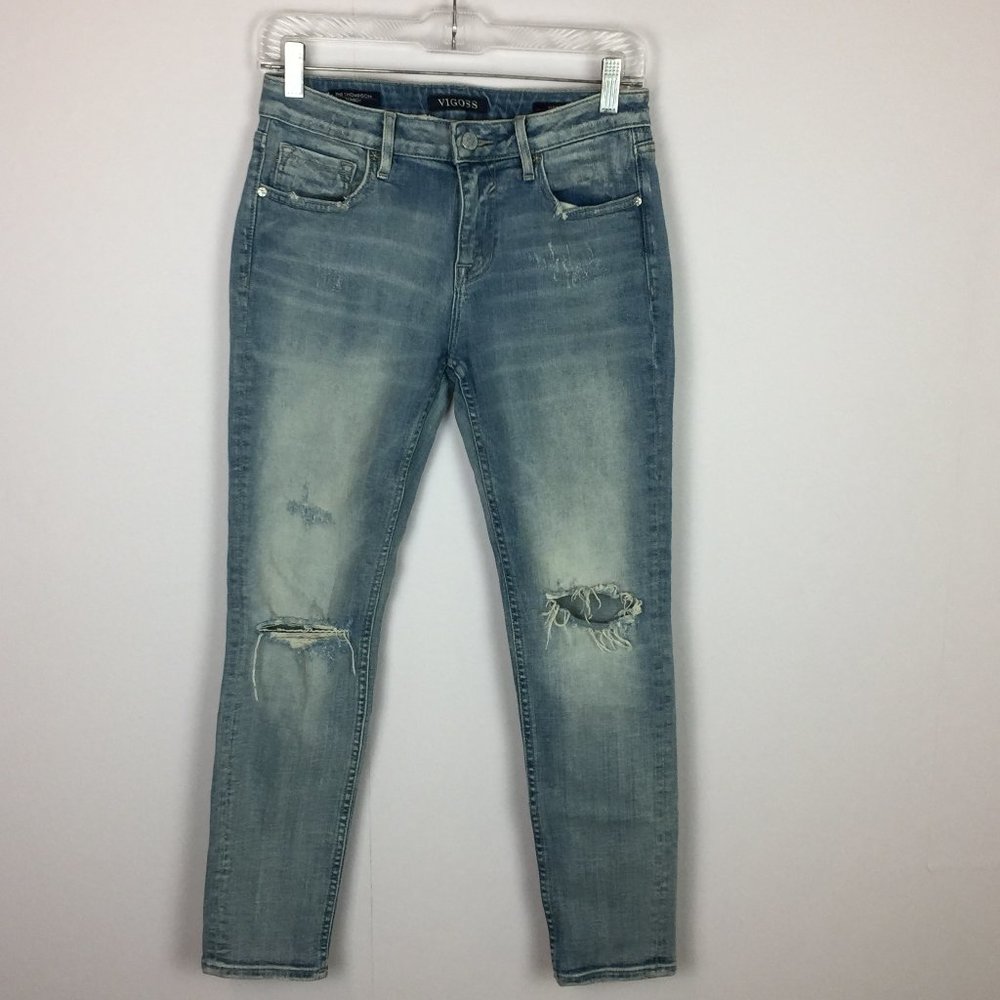 Vigoss Jeans Womens Sz 27X25 The Thompson Tomboy Mid Rise Light Wash Distressed